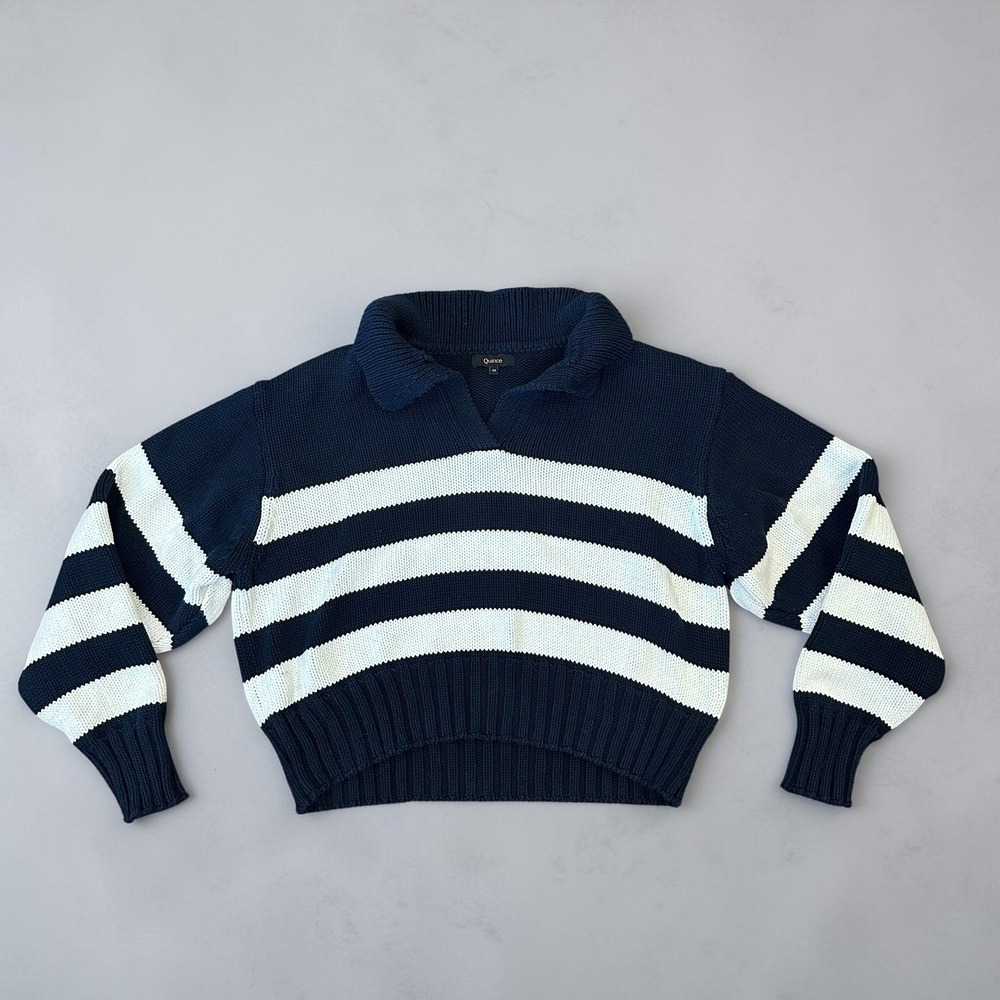 Quince Organic Cotton Knit Cropped Polo Sweater Navy White Stripe Size Medium - Picture 2 of 6